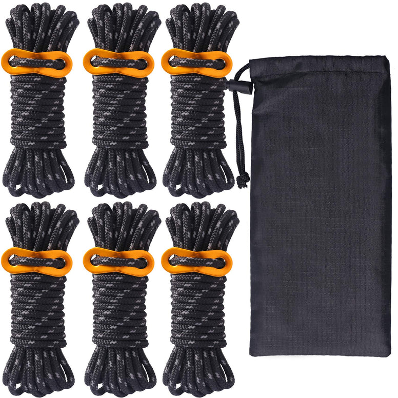 Hikeman 6 Pack 4mm Outdoor Guy Lines Tent Cords Lightweight Camping Rope with Aluminum Guylines Adjuster Tensioner Pouch for Tent Tarp, Canopy Shelter, Camping, Hiking, Backpacking (Black)