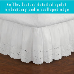 FRESH IDEAS Eyelet Bed Skirt Dust Ruffle Embroidered Details, Extra Long 18" Drop Length Gathered Styling, Full, White, FRE30018WHIT02