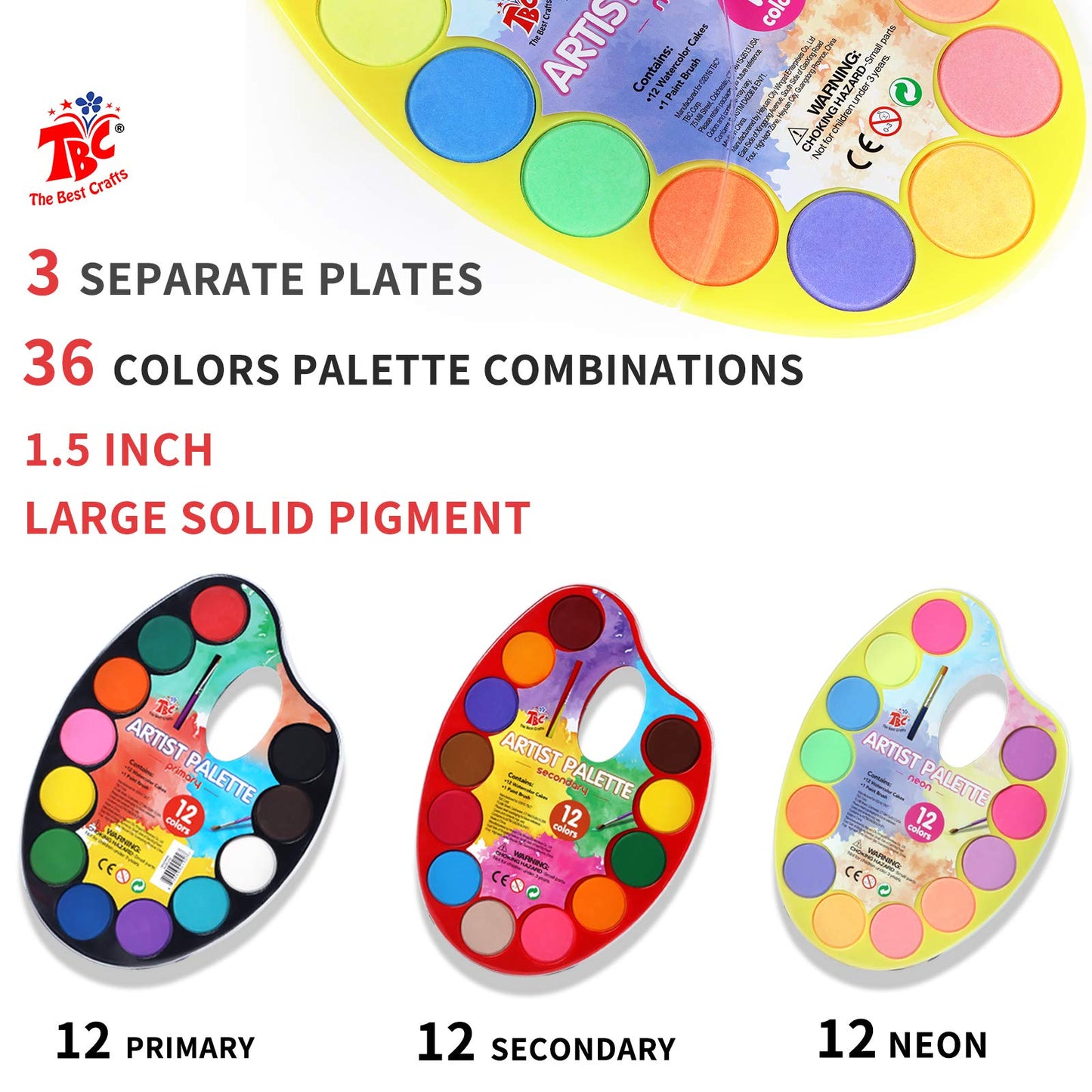 TBC The Best Crafts Watercolor Paint Set,36 Vibrant Water Color With 3 Individual Pallet,Non-Toxic and Washable