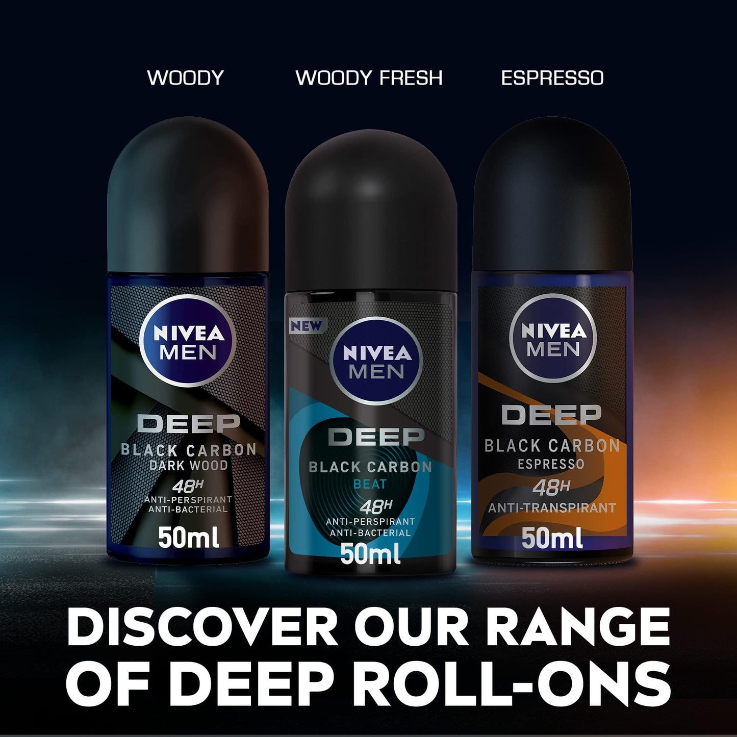 NIVEA MEN Antiperspirant Roll-on for Men, 48h Protection, DEEP Black Carbon Antibacterial, Woody Scent, 50ml