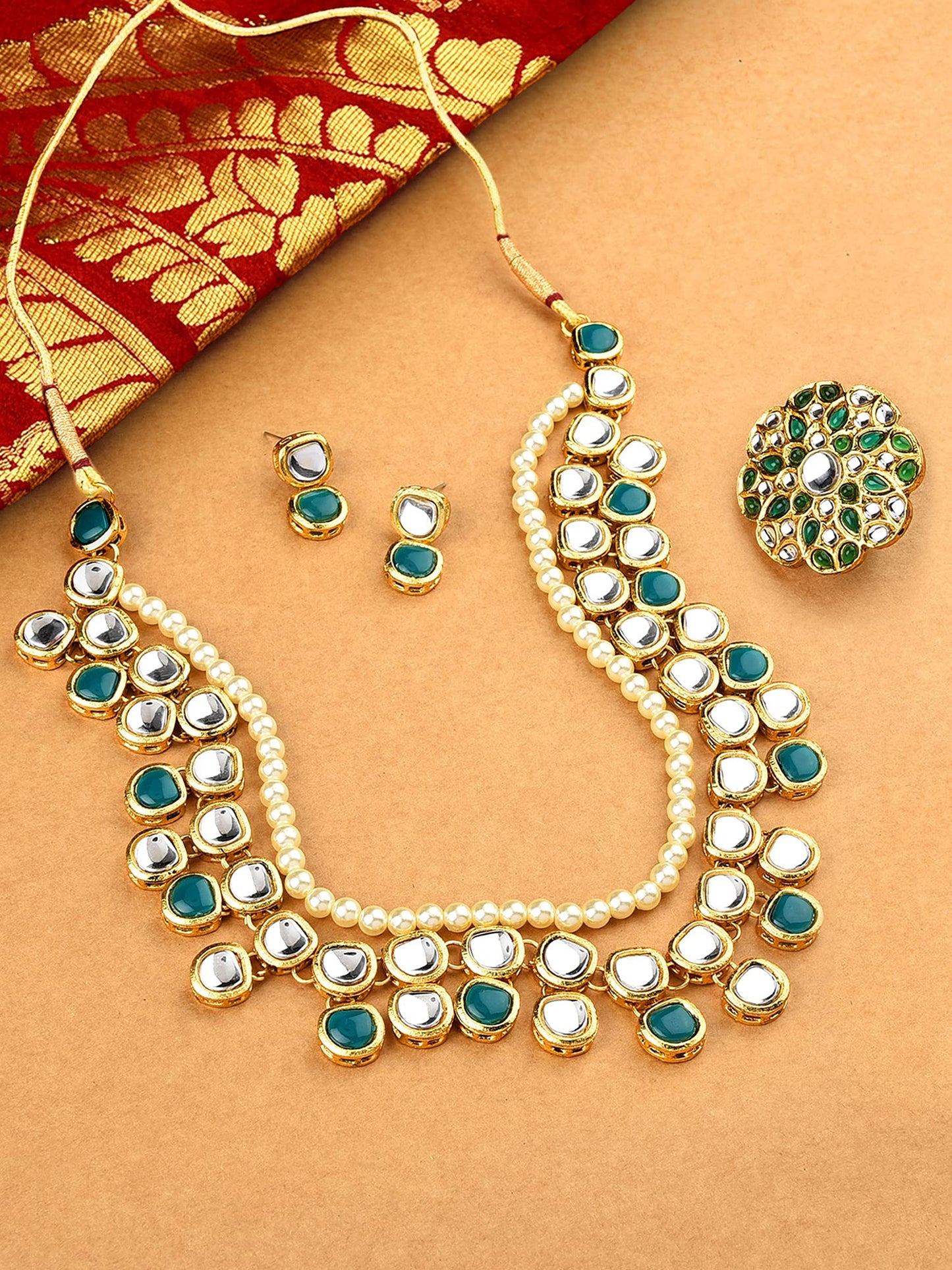 Zaveri Pearls Green Kundan Multi Layers Necklace Earring & Ring Set For Women-ZPFK10778