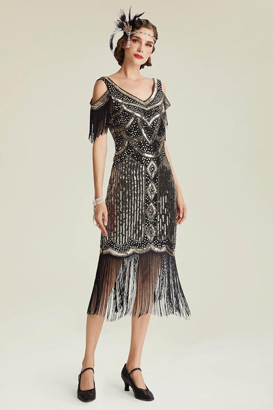 Excefore 1920s Flapper Dress Long Fringe Gatsby Dress Roaring 20s Sequin Beaded Dress Vintage Art Deco Dress, M