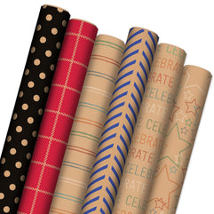 Hallmark Recyclable Wrapping Paper with Cutlines on Reverse (6 Rolls: 120 Square Feet Total) Red Grid, Blue Chevron, Rainbow Stars,"Celebrate" on Kraft Brown for Birthdays, Graduations, Father's Day