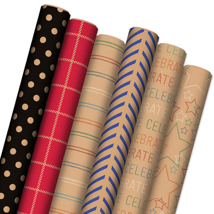 Hallmark Recyclable Wrapping Paper with Cutlines on Reverse (6 Rolls: 120 Square Feet Total) Red Grid, Blue Chevron, Rainbow Stars,