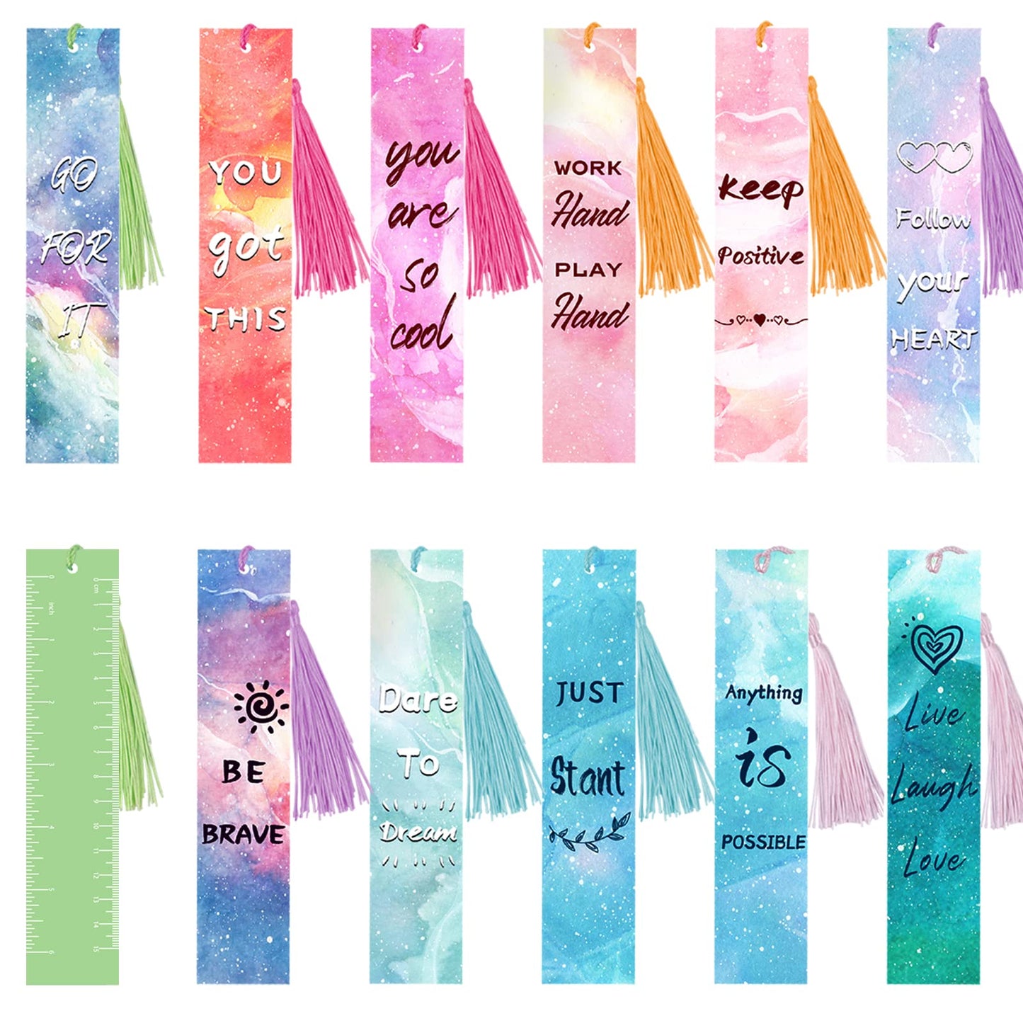 Bookmark,12 Pcs Inspirational Quotes Theme Bookmarks with 12 pcs Tassel Pendants, Double-Sided Book Mark, Page Markers for Children Boys and Girls, School Classroom Reading Present