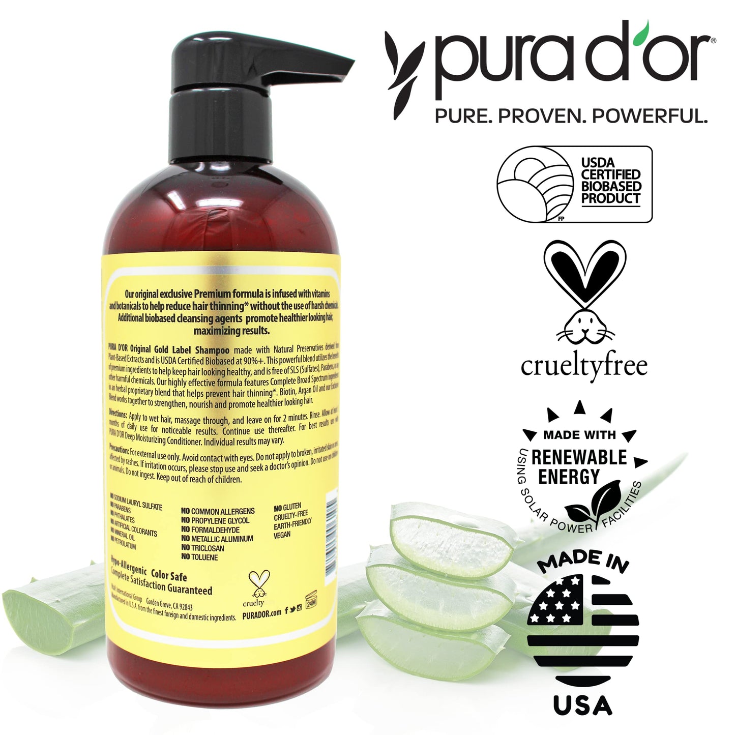 PURA D'OR Original Gold Label Anti-Thinning Biotin Shampoo (16oz) w/ Argan Oil, Nettle Extract, Saw Palmetto, Red Seaweed, 17+ DHT Herbal Actives, No Sulfates, Natural Preservatives, For Men & Women