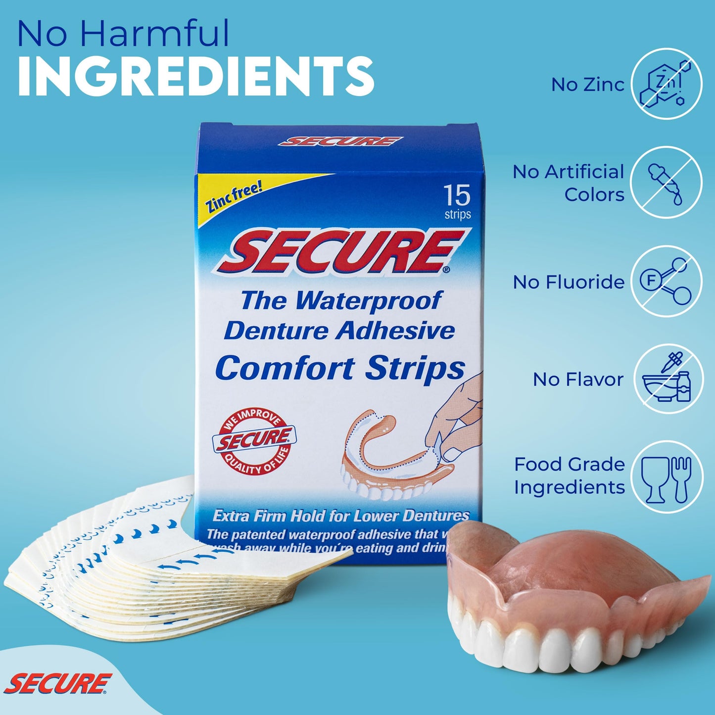 Secure Denture Adhesive Strips 15 Ea Pack of 5 Multi