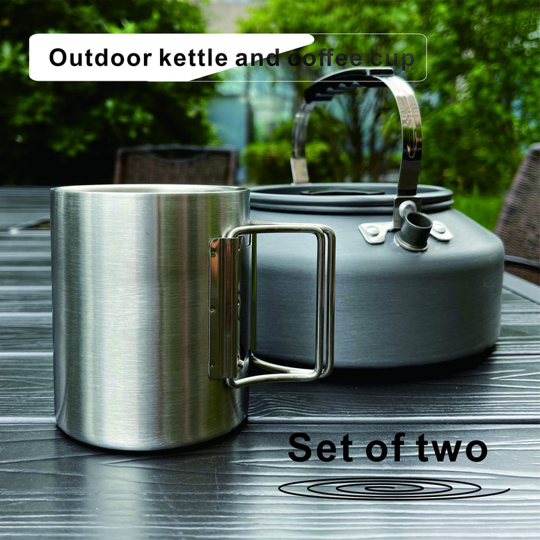 1.6L portable ultra-light outdoor camping kettle, coffee pot, tea pot. With a 0.3L double handle coffee cup, mug. Suitable for camping, traveling, hiking, climbing and picnics