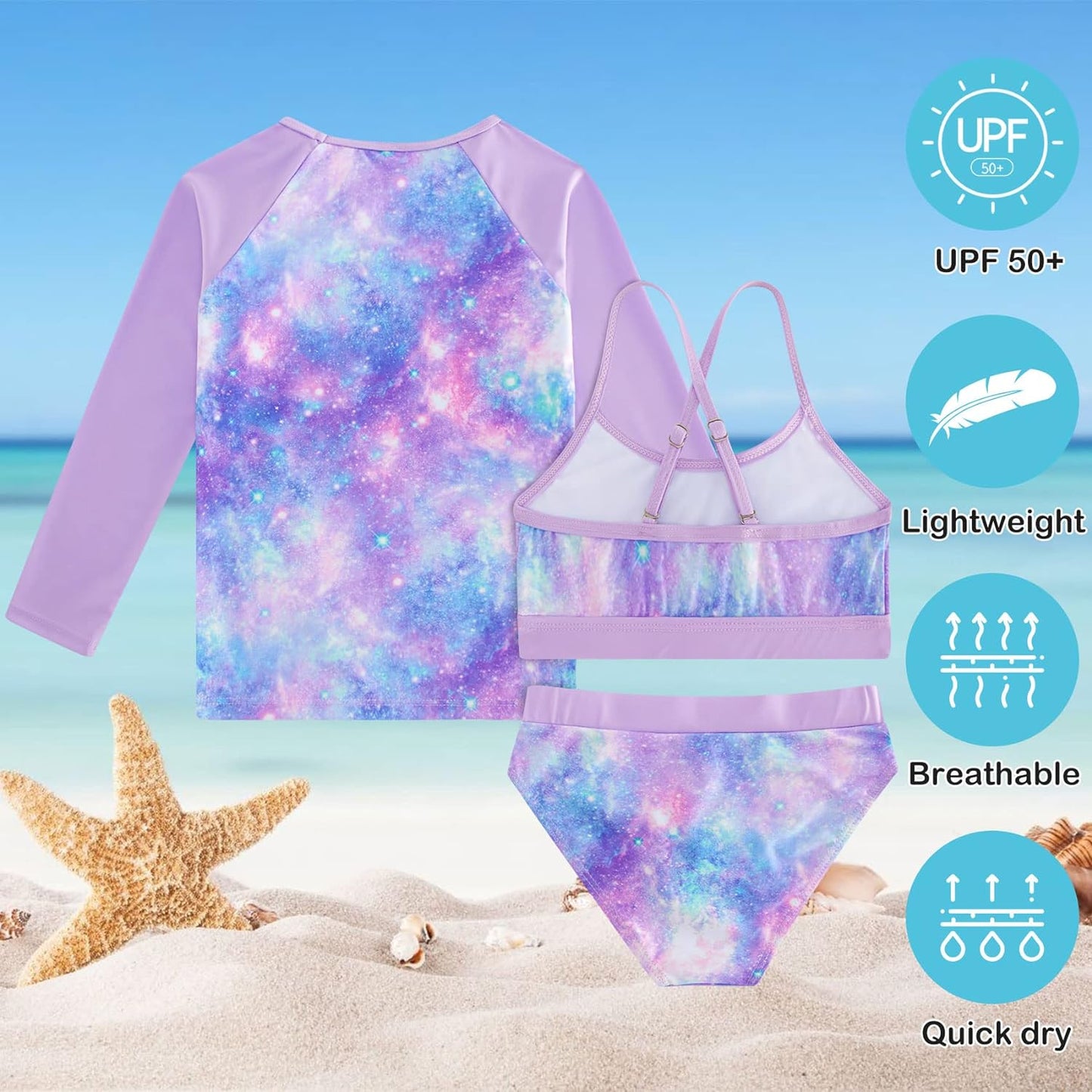 Vogseek Rash Guard Swimwear Girls 3-Piece Short Sleeve Swimsuit Kids Bathing Suit UPF 50+ Quick Dry Bikini Girls 7T-13T