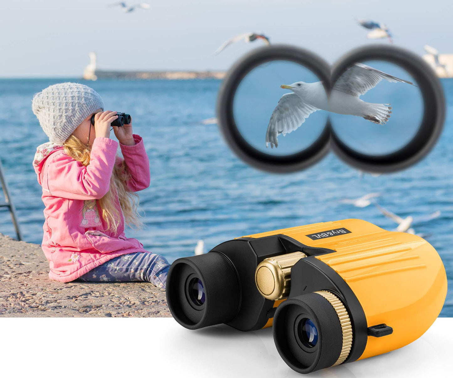 Kids Binoculars Girls for 3-12 Years Boys Girls 8x21 High-Resolution Real Optics Mini Compact Binocular Toys Shockproof Waterproof Folding (Yellow)