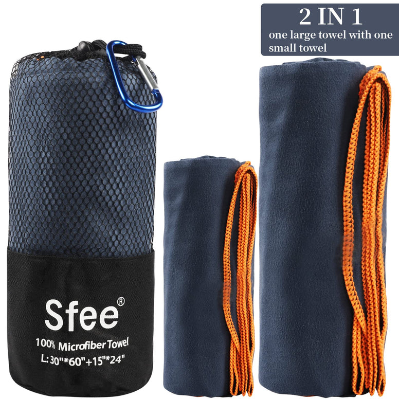 Sfee 2 Pack Microfiber Travel Towel, Quick Dry Towel Camping Towel Large Beach Towel Super Absorbent Compact Lightweight Sports Towel Gym Towel Set for Beach, Gym, Hiking, Pool, Backpacking,Bath,Yoga