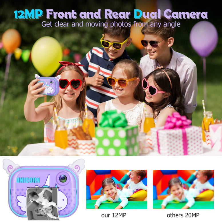 Tohsssik Instant Print Selfie Camera for Kids, Digital Zero Ink Video Camera 1080P FHD Rechargeable Kids Camera, Ideal Toy Learning Camera for 3-12 Years Old, Connect Mobile Phone, 1500mAh