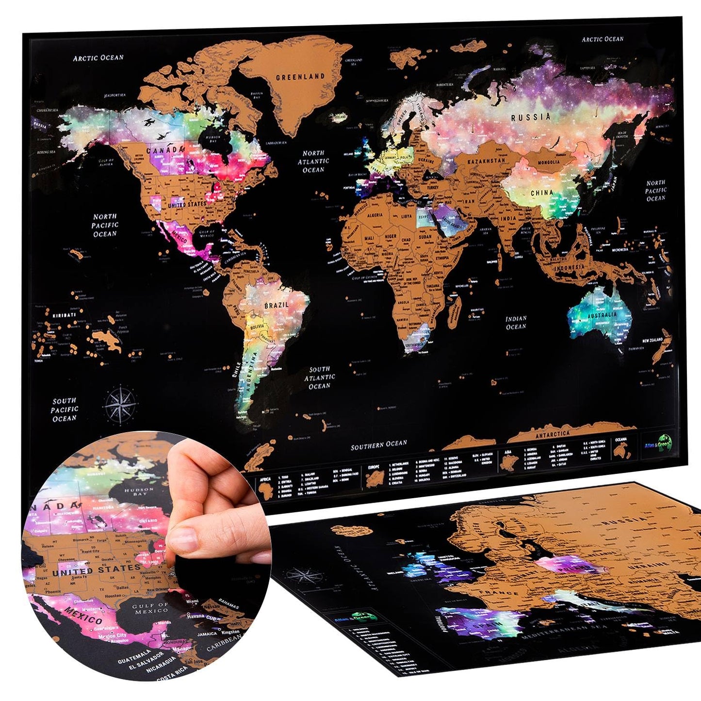Scratch Off World Map Poster + BONUS Europe Map - Detailed travel maps in Nebula Watercolour - with Accessories Kit and Gift Tube