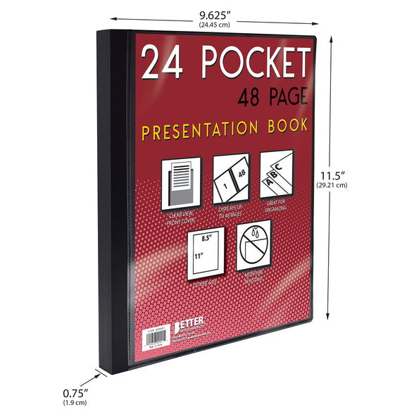 24 Pocket Bound Presentation Book, Black, Clear View Front Cover, 48 Sheet Protector Pages, 8.5" x 11" Sheets, by Better Office Products, Art Portfolio, Durable Poly Covers, Letter Size (2 Pack)