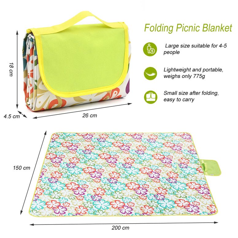 YancLife Folding Picnic Blanket, Extra Large（200 * 150 cm） Waterproof Backing Portable Festival Rug Mat with Handle, Outdoor Beach Mat for Camping/Family Dinner/Travel/Concert/Park (Five Leaf Flower)