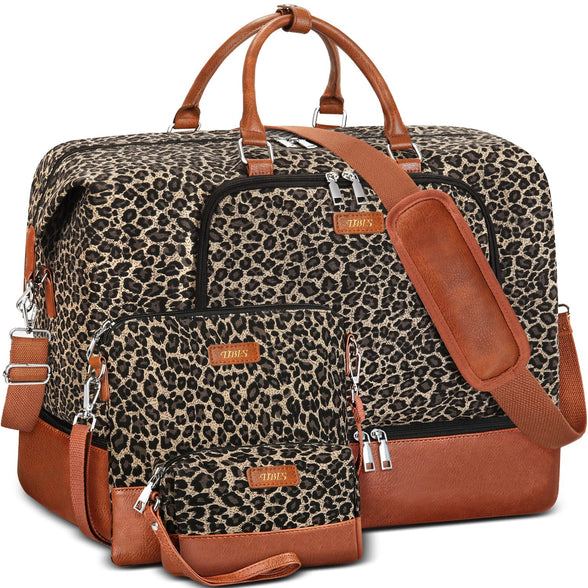 Travel Weekender Bag for Women Overnight Bag with Shoe Compartment Oversized Travel Duffel Bag Carry On Tote with Trolley Sleeve 21" for Weekend Travel Business Trip, E-Brown Leopard 3pcs, Large