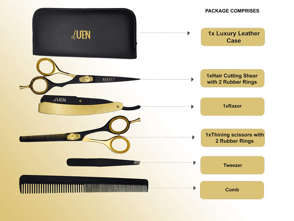 UEN Professional Hair Cutting Scissors Set/Hairdressing kit with Straight and Thinning Shears, Comb,Straight Razor and Tweezers/Japanese Stainless Steel/For Men, Women, Kids, Barber, Salon, Home