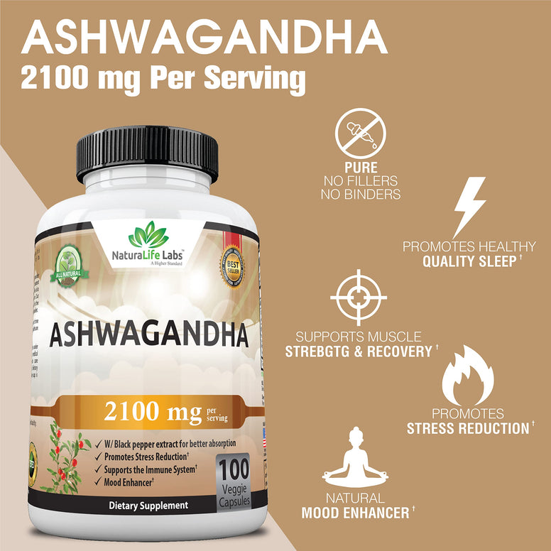 Organic Ashwagandha 2,100 mg - 100 Vegan Capsules Pure Organic Ashwagandha Powder with Black Pepper Extract - Natural Anxiety Relief, Mood Enhancer, Immune & Thyroid Support, Anti Anxiety