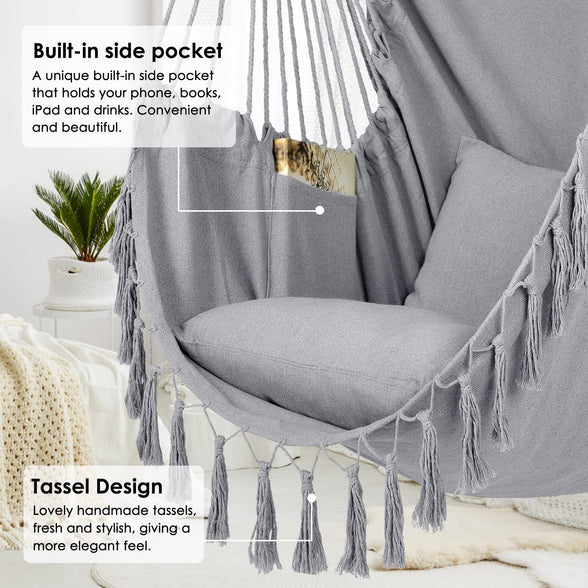 Y- STOP Hammock Chair Hanging Rope Swing, Max 330 Lbs, 2 Cushions Included-Large Macrame Hanging Chair with Pocket for Superior Comfort,Durability (Light Grey)