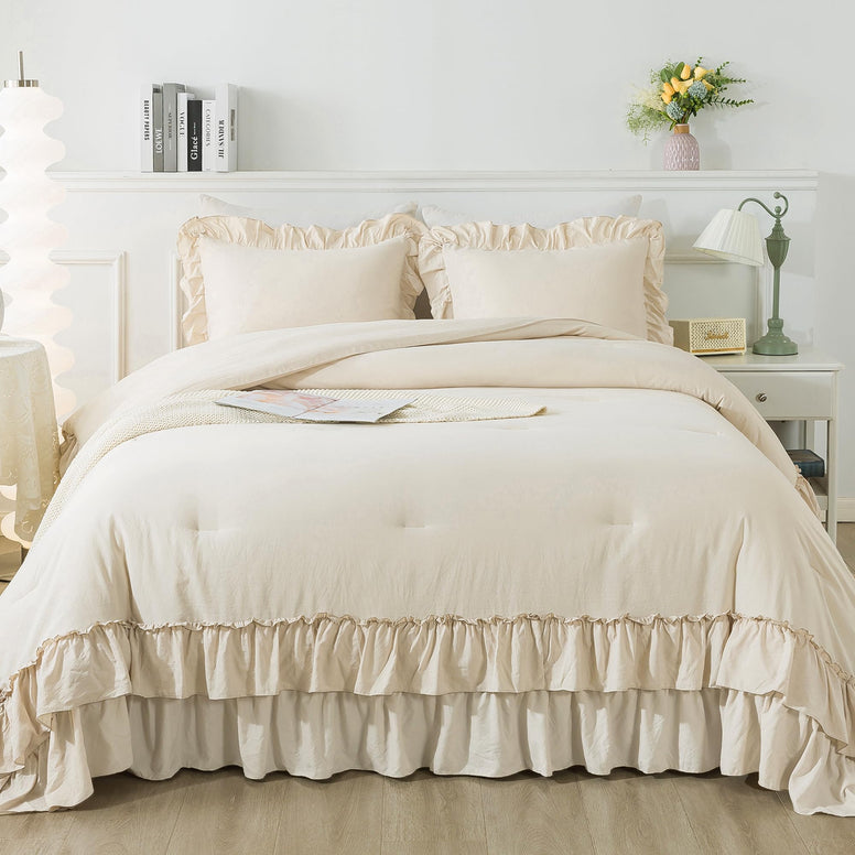 Andency Beige Full Size Comforter Set(79x90Inch), 3 Pieces(1 Ruffle Comforter and 2 Pillowcases) Lightweight and Fluffy Bedding Comforter Sets, All Season Soft Microfiber Bed Set