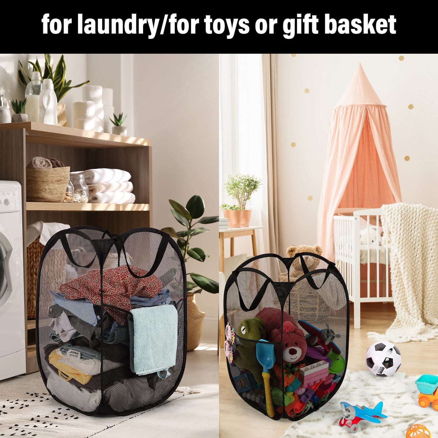 BATTOO Deluxe Strong Mesh Pop up Laundry Hamper Basket with Side Pocket for Laundry Room, Bathroom, Kids Room, College Dorm or Travel 3 Pack Black