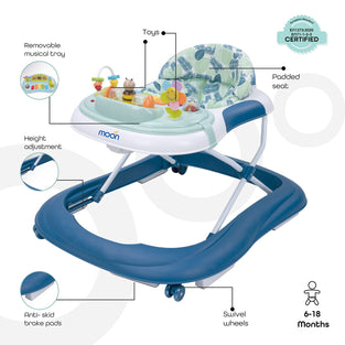 MOON Chase Walker. 6 Months To 18 Months. Removable Music Box. Well Padded Seat. Strong Metal Frame. Plastic Body. Removable Music Tray. Wider Base Design. Height Adjustment. Blue