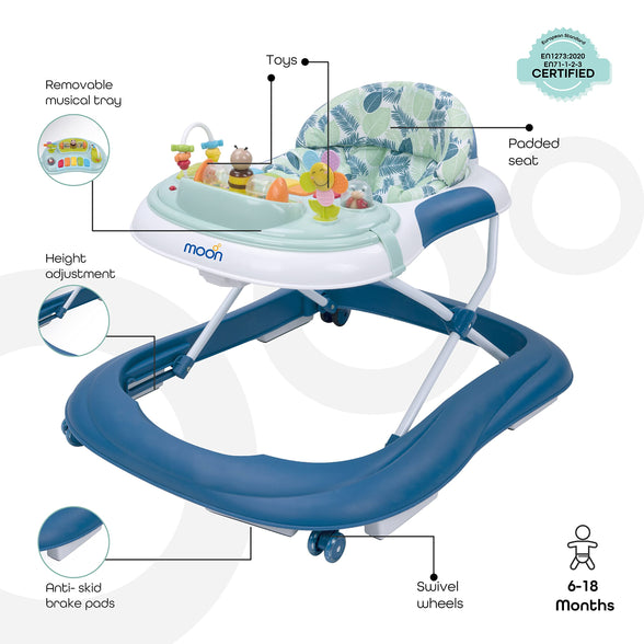 MOON Chase Walker. 6 Months To 18 Months. Removable Music Box. Well Padded Seat. Strong Metal Frame. Plastic Body. Removable Music Tray. Wider Base Design. Height Adjustment. Blue