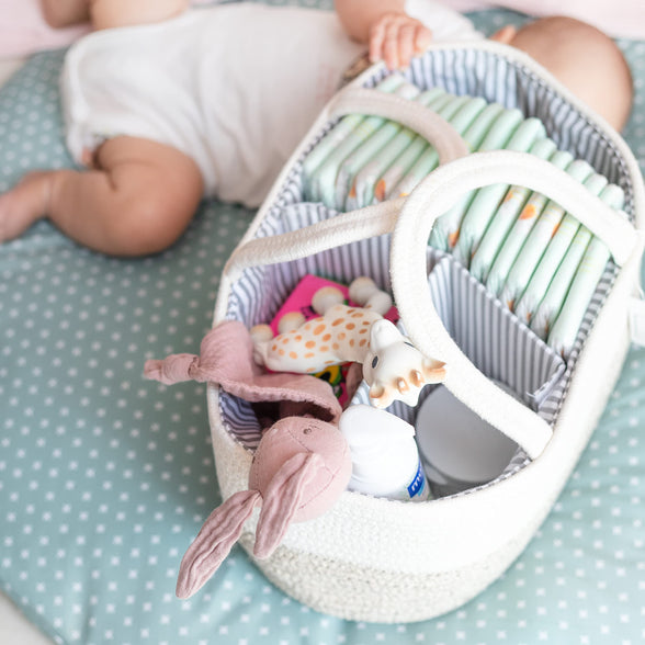 FCG Home - Cotton Rope Diaper Caddy Basket, with Divider & Handles. Baby Changing Table Basket, Nursery Basket, Organizer (White & Natural)