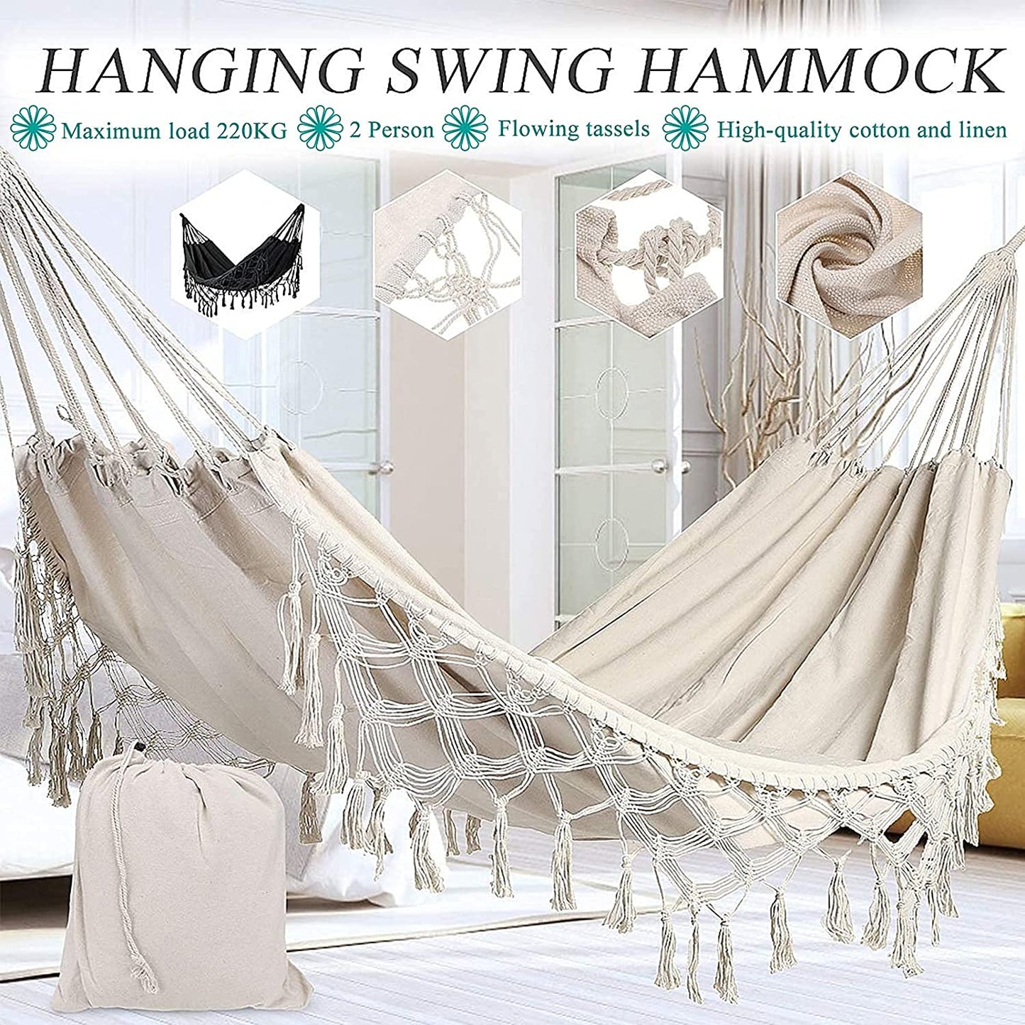 GT Double Deluxe Hammock Swing Hammock Garden Cotton Fabric Elegant Fringed,Double Deluxe Hammock Swing Net Chair with Tree Rope and Bag for Outdoor & Wedding Party Decor,White,240X150cm