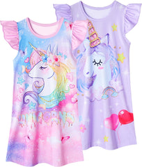 LQSZ 2Pcs Girls Nightgowns 3-10 Years Flutter Short Sleeves Dress Nightdress Sleepwear Pajamas Nightgowns for Girls