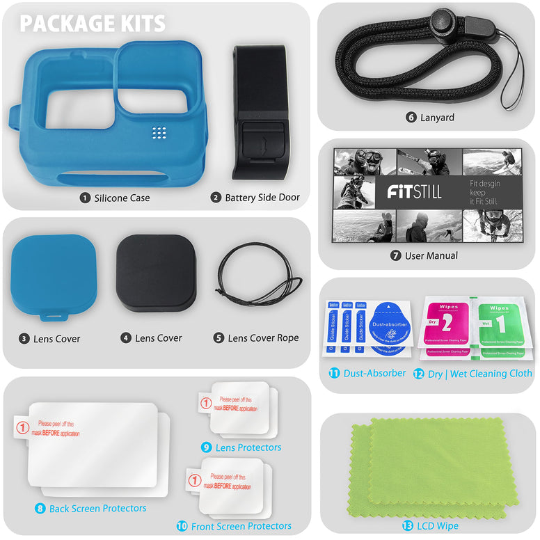 FitStill Silicone Sleeve Case for Hero 12/Hero 11/Hero 10 /Hero 9 Black, Battery Side Cover & Screen Protectors & Lens Caps & Lanyard for Go Pro Hero 11 Hero10 Hero9 Accessories Kit