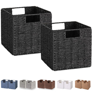 Vagusicc Wicker Baskets for Storage, Set of 2 Hand-Woven Storage Baskets for Shelves, Foldable Cube Storage Baskets Bins with Handles, 9 inch Small Wicker Baskets for Organizing Pantry Bedroom, Black