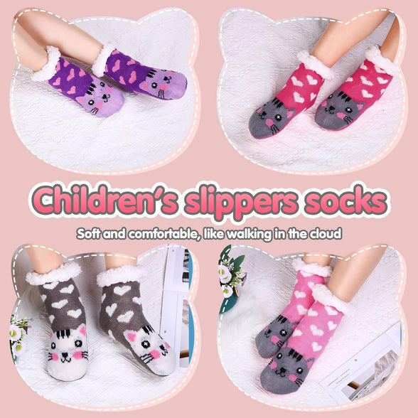 Suhine 6 Pairs Fuzzy Slipper Socks for Kids Warm Soft Boys Girls Fluffy Socks with Non Slip Grippers Animal Kids Fuzzy Socks Cute Winter Socks for Boys Girls