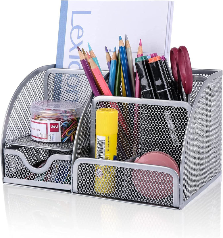 Mesh desk/Office organizer/multifunction pen holder with drawer stationery desktop (silver)