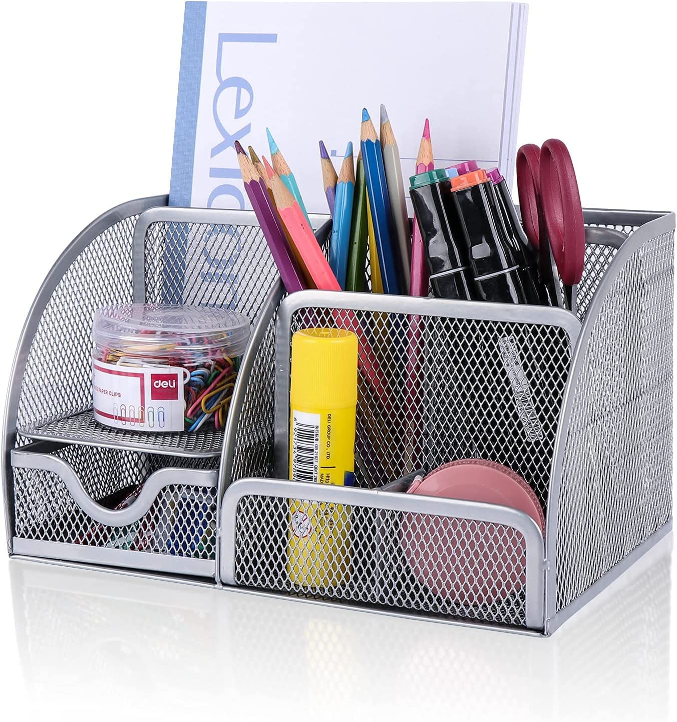 Mesh desk/Office organizer/multifunction pen holder with drawer stationery desktop (silver)