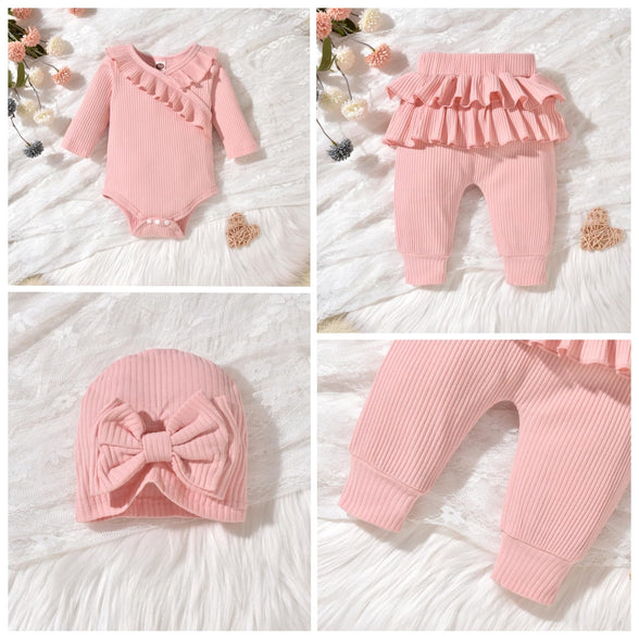 fioukiay Preemie Newborn Baby Girl Clothes Infant Girl Solid Ribbed Outfits Ruffle Romper and Pants 3PC Clothing Sets 3-6 Months