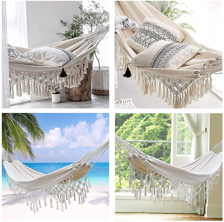 GT Double Deluxe Hammock Swing Hammock Garden Cotton Fabric Elegant Fringed,Double Deluxe Hammock Swing Net Chair with Tree Rope and Bag for Outdoor & Wedding Party Decor,White,240X150cm