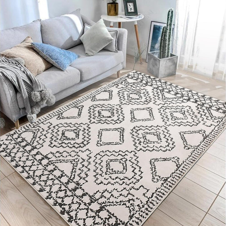 Leesentec Moroccan Area Rugs Living Room Rugs Modern Abstract Rug Geometric Carpet Non-slip Short Pile Rug Large Rugs for Living Room Soft Bedroom Area Rug (Ivory/Black, 120 x 160 cm)