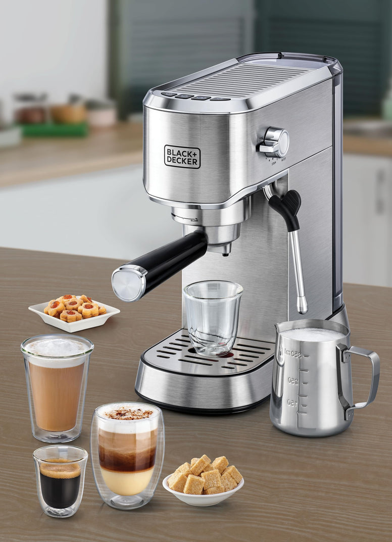 BLACK+DECKER Manual Barista Pump Espresso Coffee Machine, Cappuccino, Latte Macchiato, Milk Frother, 1450W, Silver - ECM150-B5, by Black & Decker