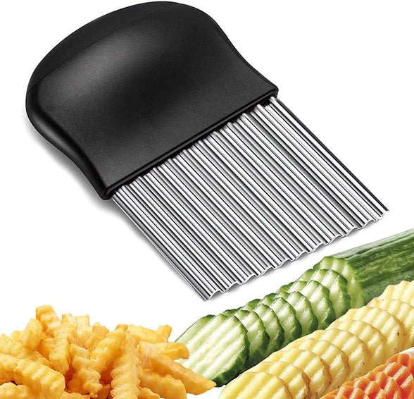 DELFINO Stainless Steel Crinkle Cutter Potato Chips Cutter Vegetable Wavy Blade Cutter French Fries Chips Chopping Knives for Chopping Potato Vegetable Fruit Waffle Fries (Black)