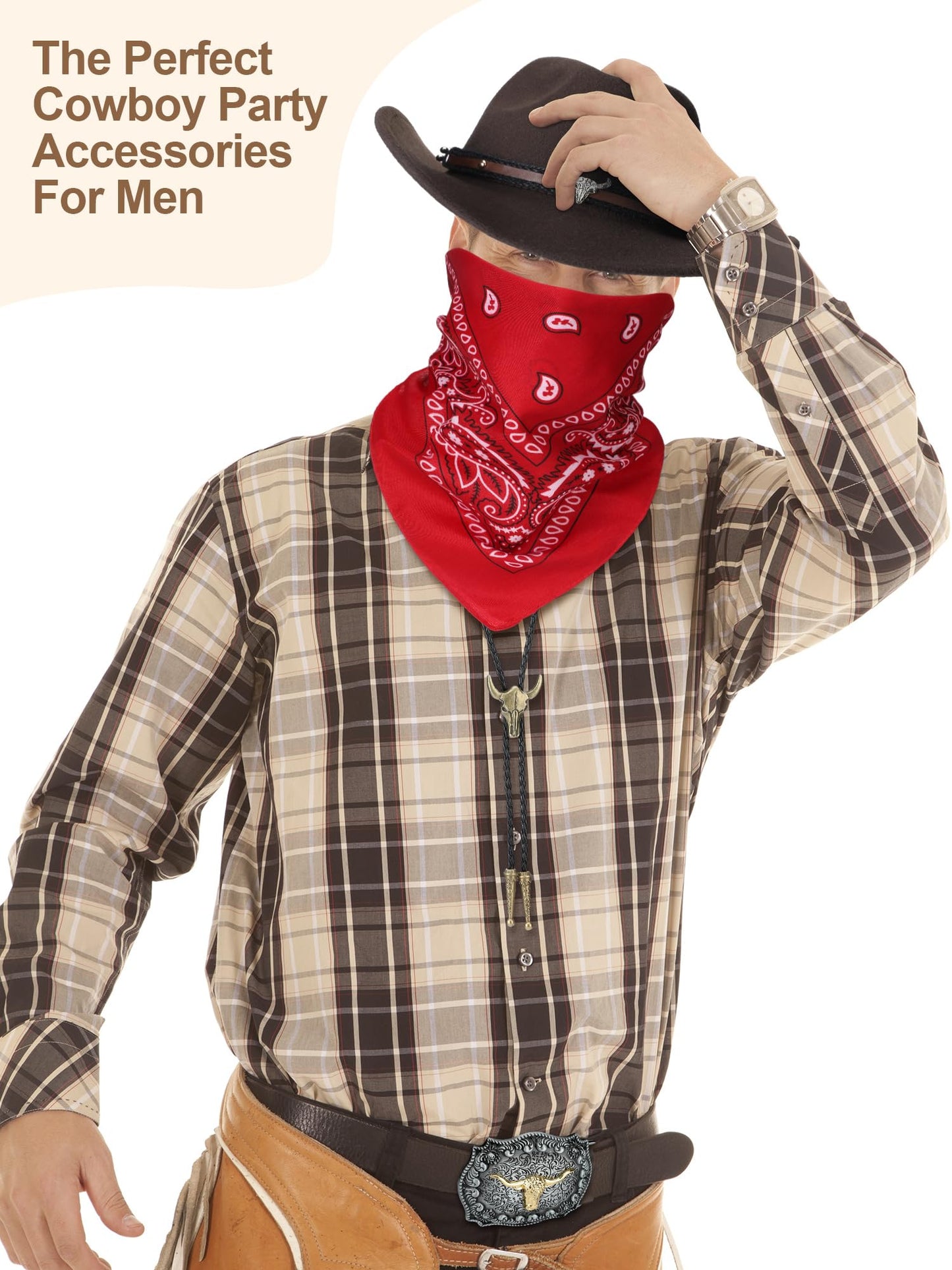 Toulite 4 Pcs Men's Western Cowboy Accessories Cowboy Hat Leather Necktie Necklace Bull Horn Cosplay Cowboy Western Belt Buckle Paisley Bandana for Halloween