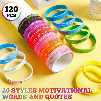 120 Pcs Motivational Silicone Bracelets Motivational Quote Rubber Wristbands Inspirational Silicone Wristband for Kids Women Men School Home Office Party Favor Gifts Supplies