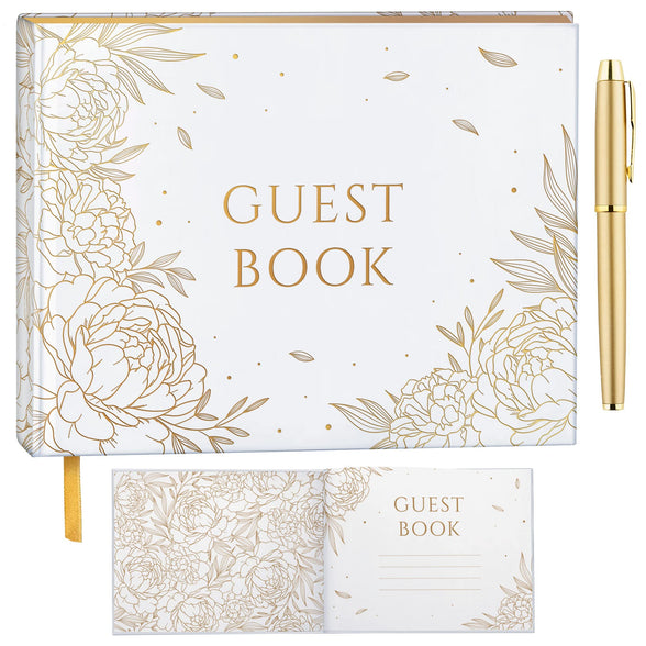 Gold Floral Wedding Guest Book, Wedding Guestbook with Pen, Guest Book Wedding Gold Hot Foil Stamping, Bridal Shower Guest Book Gold Paper Edge, Wedding Guestbook Alternative, Guestbook Wedding