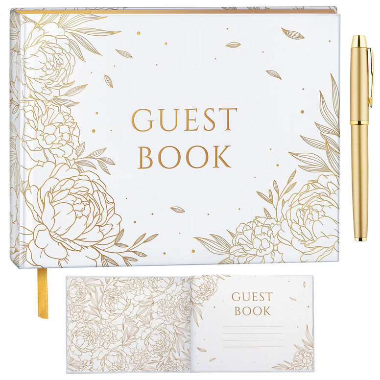 Gold Floral Wedding Guest Book, Wedding Guestbook with Pen, Guest Book Wedding Gold Hot Foil Stamping, Bridal Shower Guest Book Gold Paper Edge, Wedding Guestbook Alternative, Guestbook Wedding