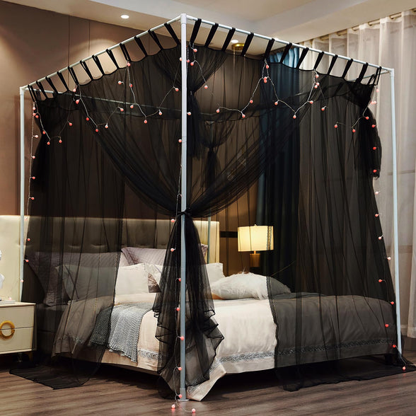 Kertnic 4 Corners Post Princess Bed Canopy Curtain Mosquito Net Bed Canopy for Girls, Queen King Bed Tent Netting, Elegant Mosquito Net for Girls Adults Bedroom Decor (Black, Twin)