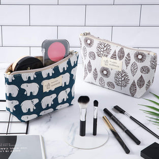 Boao 4 Pieces Canvas Cosmetic Bags Set Printed Makeup Bags with Zipper Multi-Functional Canvas Travel Pouch for Women Girls Vacation Travel Toiletry Bag, 4 Styles (Whale, Bear, Tree, Leave)