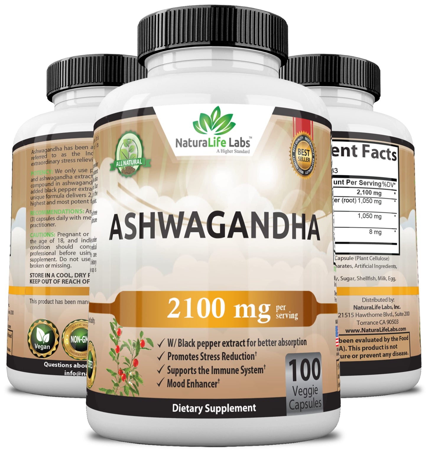 Organic Ashwagandha 2,100 mg - 100 Vegan Capsules Pure Organic Ashwagandha Powder with Black Pepper Extract - Natural Anxiety Relief, Mood Enhancer, Immune & Thyroid Support, Anti Anxiety