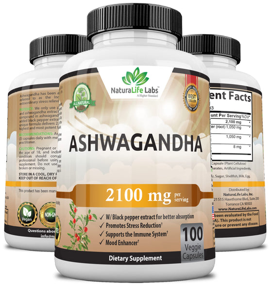 Organic Ashwagandha 2,100 mg - 100 Vegan Capsules Pure Organic Ashwagandha Powder with Black Pepper Extract - Natural Anxiety Relief, Mood Enhancer, Immune & Thyroid Support, Anti Anxiety