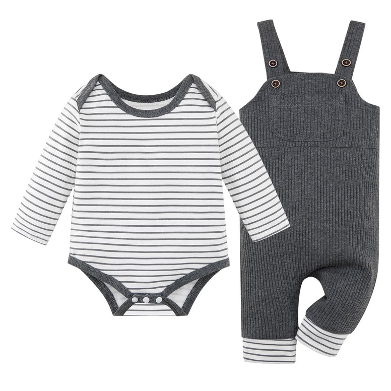 Baby Boy Clothes Newborn Boy Outfit Infant Boy Stripe Romper Overall Pants Set with Pocket 0-3M