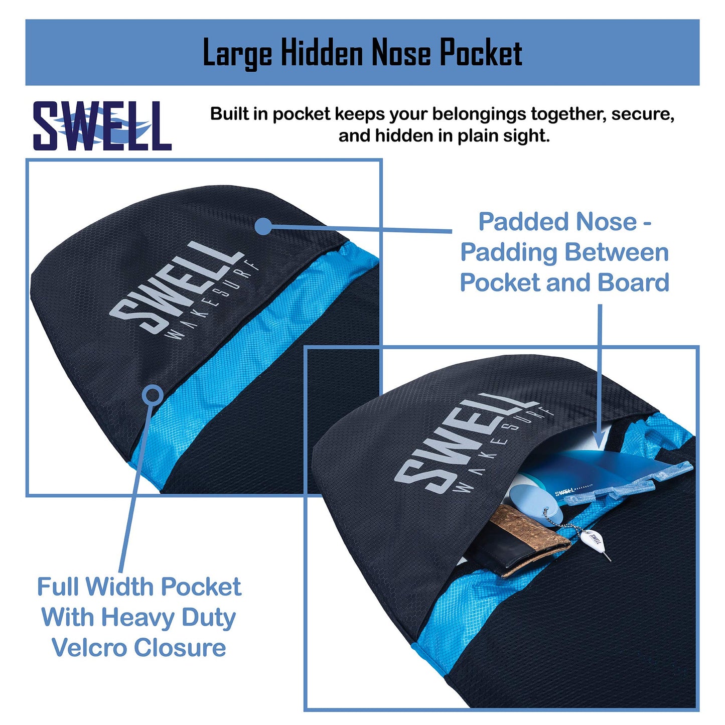 SWELL Wakesurf - Adjustable Length Wakesurf Board Sock with Padded Nose and Pocket - Wakeboard Cover - One Size Fits All Surfboard Bag